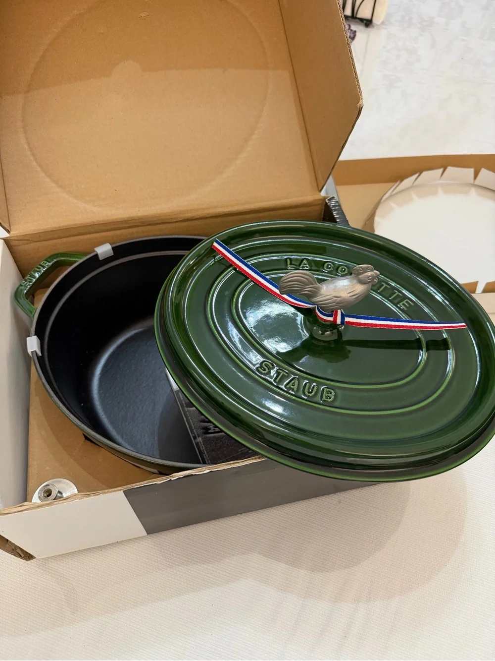 Staub Forest Green Round Dutch Oven with Rooster Knob
